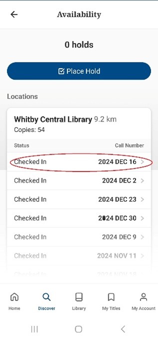 A screenshot of the library's app with one magazine issue circled in red, in a list of issues.