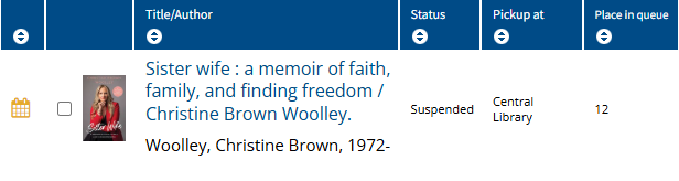 A screen shot of the holds screen, including the Status column and yellow calendar icon in the far left row.